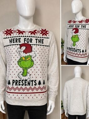 Here For The Presents Grinch Graphic Crewneck Sweater - Light Cream/Green